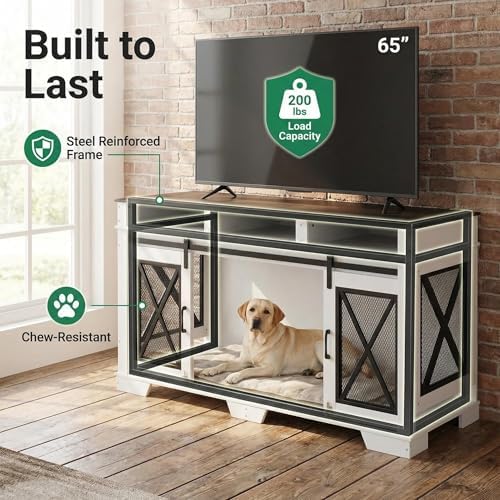 71 in Double Dog Crate Furniture - Heavy Duty Wood & Metal Dog Kennel for 2 Large Dogs, Removable Divider, Double Doors, Sliding Barn Door, 3 Storage Drawers - Size: 71 inches