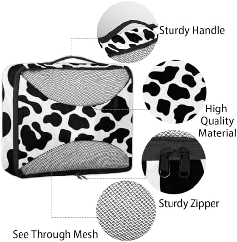 Cow Print 4 Set Packing Cubes Luggage Organizer Bags for Travel Accessories and Essentials, Black Cow Print