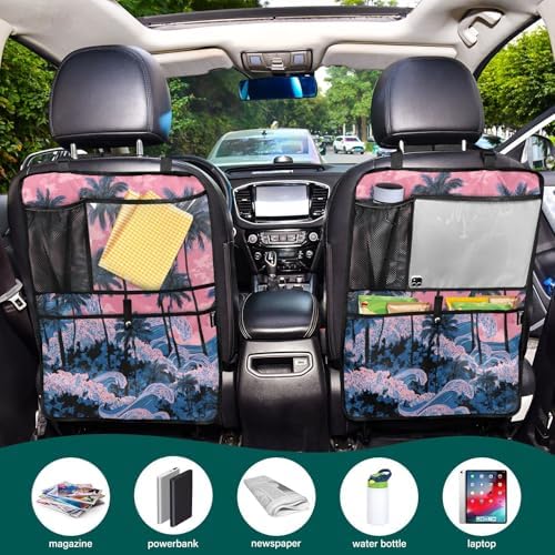 2 Pack Back Seat Car Organizer with Storage Pockets Kick Mats Back Seat Protector Hanging Car Organizer Automotive Seat Back Cover Organizers Palm Tree Wave Pink
