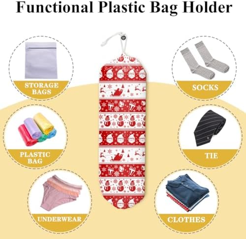 Christmas Red Grocery Bag Holder and Dispenser Plastic Bags Organizer | Christmas Snowman Santa Claus Elk Gift Snowflakes Pattern Garbage Shopping Trash Bags Storage for Kitchen Home