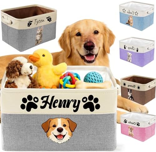 Personalized Dog Toy Box Custom Pet Storage Basket with Name Photo Personalized Collapsible Organizer Basket for Pet Toys Clothes Blankets Grey