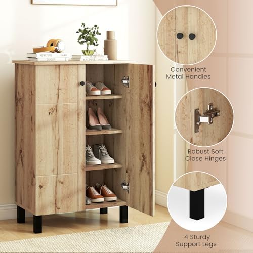 GIANTEX Shoe Cabinet with Doors, Modern Wooden Narrow Shoe Storage Cabinet | 4-Tier Freestanding Shoe Rack Cabinet with Flat-panel Doors & Adjustable Shelves for Entryway, Hallway, Closet