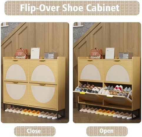 KIGOTY Narrow Shoe Storage Cabinet, Shoe Cabinet with 4 Flip Drawers, Freestanding Shoe Organizer with Legs for Entryway, Slim Shoe Rack Cabinet for Enterway (Rattan Oak, 4 Flip Drawer)
