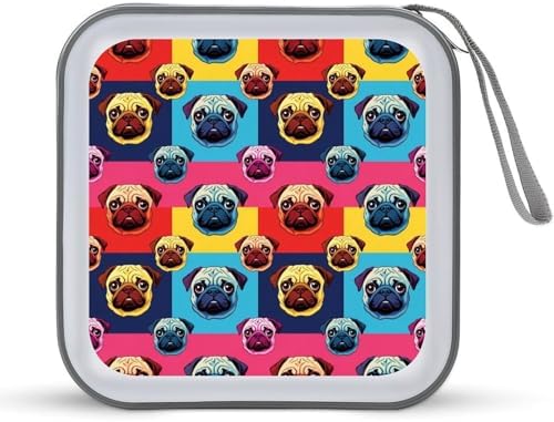 Hard Shell DVD CD Organizer Love Pug Dog, 40-Disc Storage Binder with Zipper Closure, Portable Protective Case for Travel Home
