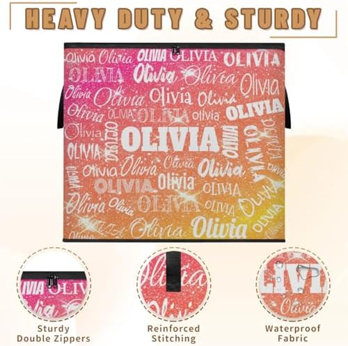Custom Name Comforter Storage Bin with Lid, Personalized XL Storage Basket with Handles Zippers for Organizing Blankets, Bedding Closet Shelf Baskets, Orange Pink Yellow Glittering Stars