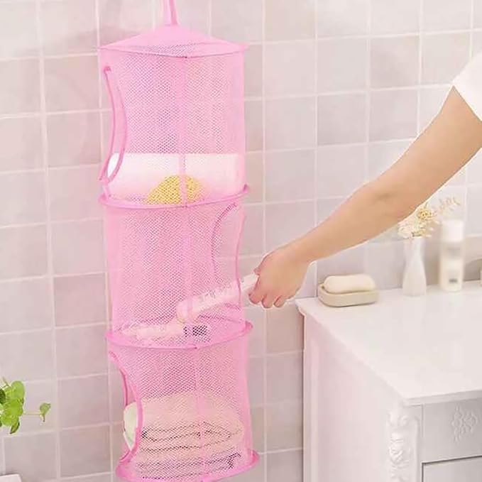 GSHLLO 2 Pcs Toy Storage Hanging Mesh 3 Compartment Organizer Net Stuffed Animal Hammock Foldable Organizing Baskets Clothes Hanger Organizer Bag for Room Bathroom Closet Blue
