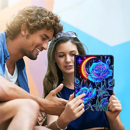 Universal Case for T-Mobile Revvl Tab 2 10.1" Model:9185W 2025/Revvl Tab 5G 10.36" 2023, 360 Degree Rotating Kickstand Protective Stand Leather Shell Cover for 9"-10.5", Blue Rose Moon