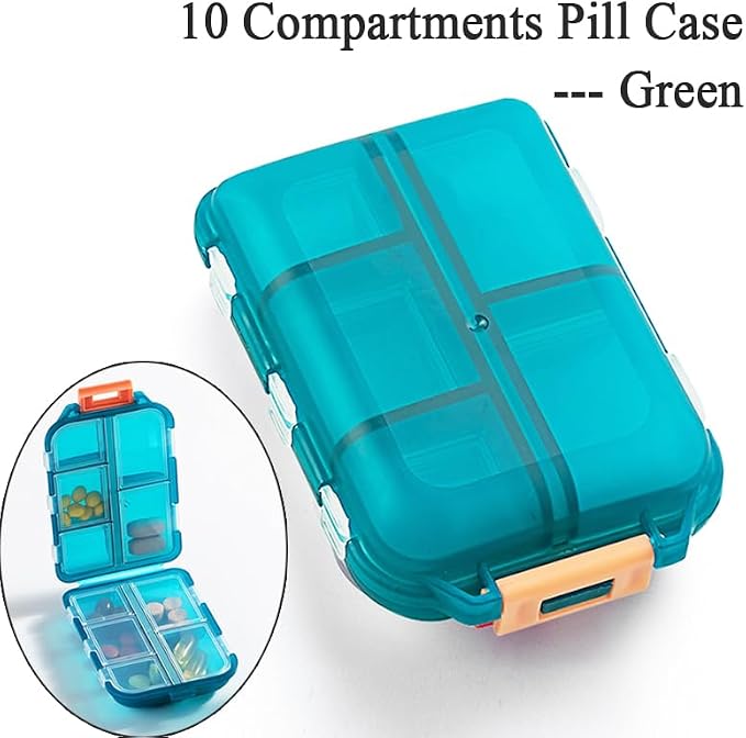 Daily Travel Pill Case Organizer Small 10 Compartment Medicine Box | Compact Purse Portable Pill Reminder Dispenser, Perfect for On-the-Go Pocket Storage Vitamin, Fish Oil, Calcium Tablet, Green