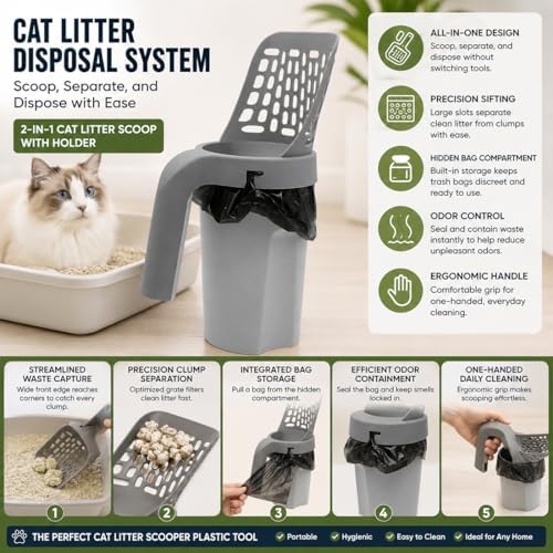 3 in 1 Litter Box Shovel with Hidden Bag Compartment & Clump Separator with 150 Garbage Bags, Cat Litter Scoop with Holder for Quick Cleaning, Litter Scooper for Cat Households (with 70 Bags)