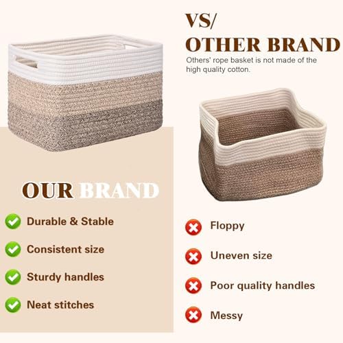 Storage Baskets for Organizing, 4 Pack Baskets for Shelves, Decorative Storage Bins for Shelves, Cotton Rope Storage Basket with Handles, Woven Basket for Storage, 13''Lx8.7''Wx7.9''H, Gradient Brown