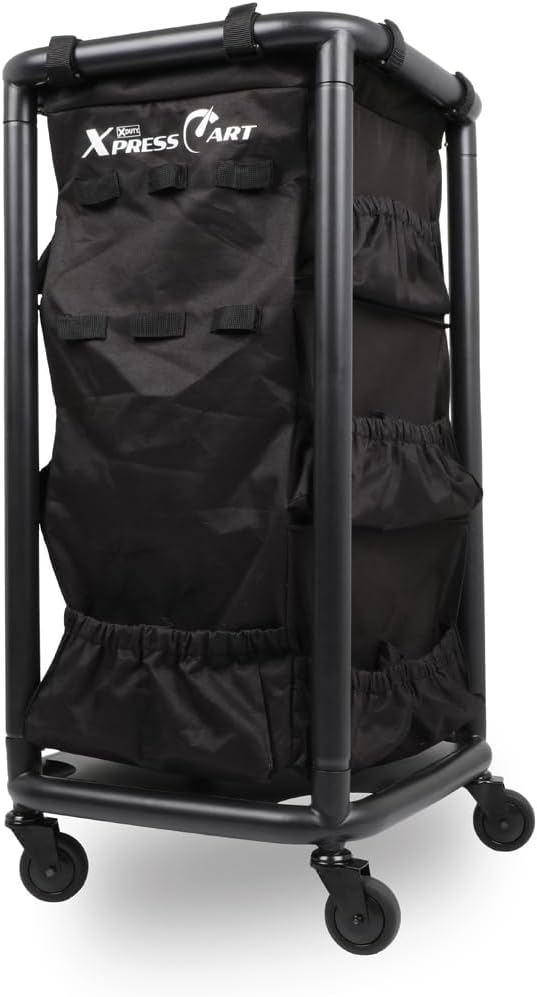 Rolling Janitorial Cart with Steel Frame, Organizer, Black Bag, Matte Black | Multipurpose rolling janitorial cart w/ steel frame, organizer storage, & black bag for cleaning, laundry, garage, & home use