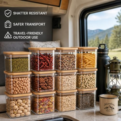Suclain 12 Pcs 25oz Plastic Square Pantry Storage Container with Bamboo Lid