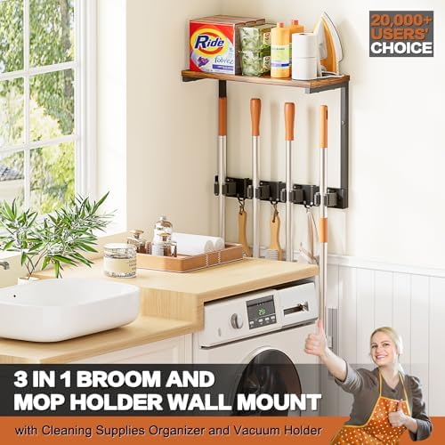 Broom Holder Wall Mount with Cleaning Supplies Organizer, Laundry Room Organization and Storage Shelves, Mop Hanger Broom Rack with Hooks, Home Improvement Kitchen Shelf Garage Organizer