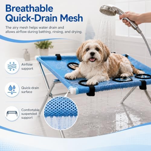 2-in-1 Foldable Pet Grooming Bed, Pet Shower Hammock with Stand (Blue) | Dog Washing Hammock, Dog Bath Chair, Quick Dry Mesh Table, Secure Support Strap, Multifunctional Holder for Bathing, Haircuts