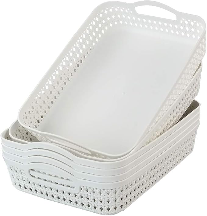 6 Packs Large Plastic Storage Tray with Handles, White | Plastic Storage Basket, Rectangle Storage Bins, Organizer Trays for Classroom, Desk, Office