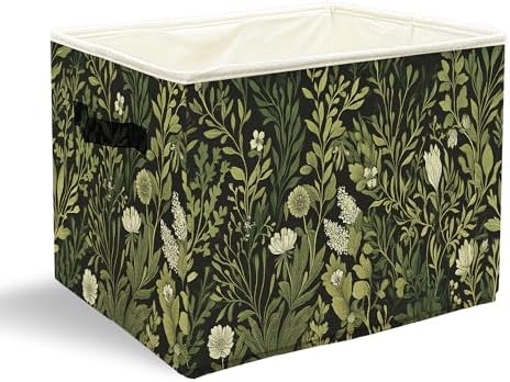 Vintage Boho Botanical Floral Storage Bins with Handles, Farmhouse Dark Cottagecore Green Leaf Collapsible Laundry Basket Storage Box for Home Bedroom Bathroom Clothes Toys Books