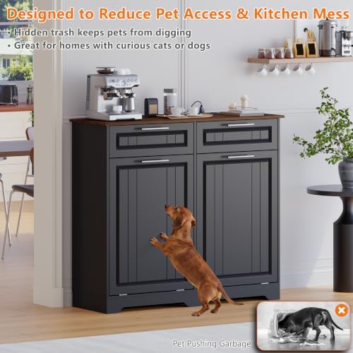 Double 10 Gallon Tilt Out Trash Can Cabinet with Deodorizing Function and Power Outlet, Wooden Hidden Garbage Can Holder with 2 Storage Drawers for Kitchen, Laundry Hamper Cabinet for Bathroom, Black