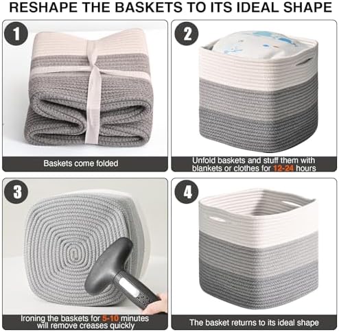 ICERZCZ 11 Inch Cube Storage Bins, Storage Cube Organizer Bins, Woven Cotton Rope Basket for Storage, Storage Baskets for Organizing Shelves, Grey Baskets for Toys, Gradient Grey (Pack of 3)