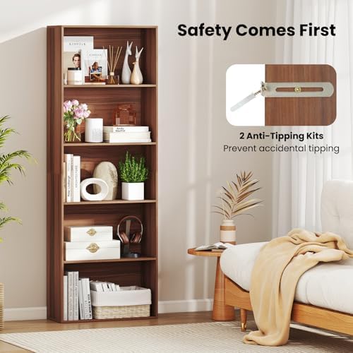 GIANTEX 5-Tier Bookshelf, Freestanding Bookcase with 5 Open Shelf, Modern Display Shelf, Storage Organizer for Living Room Bedroom Home Office, Walnut
