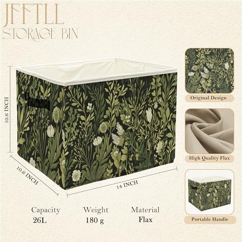 Vintage Boho Botanical Floral Storage Bins with Handles, Farmhouse Dark Cottagecore Green Leaf Collapsible Laundry Basket Storage Box for Home Bedroom Bathroom Clothes Toys Books