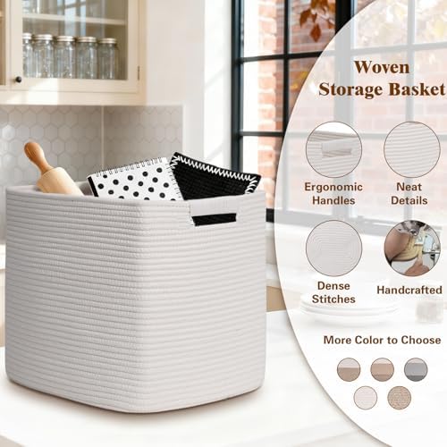 15×13 Inch Storage Cubes, 3 Pack Cube Storage Bins for Organizing, Cotton Rope Woven Baskets for Shelves, Bathroom, Kids Room, Closets, Baby Nursery