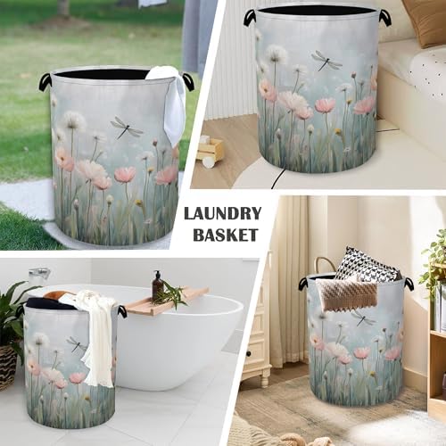 Dragonfly Laundry Hamper,Dandelion Flower Dirty Clothes Laundry Basket with Handles Waterproof Oxford Cloth Storage Basket for College Dorms Bathroom Bedroom 16" x 20.8"