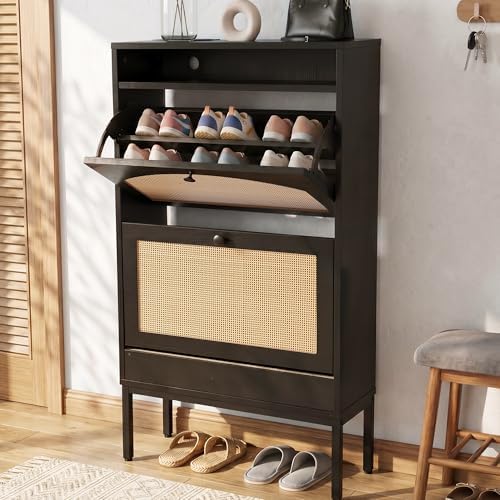 2 Flip Drawers Shoe Cabinet Storage for Kid’s/Women, Narrow Shoes Organizer Cabinetfor Front Door Entrance, Free Standing Hidden Wooden Shoe Rack (Black)