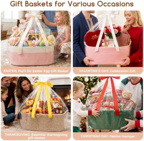 OIASKET Large Empty Cotton Rope Gift Basket with Handles, 16.5"x12.6"x7" Decorative Woven Storage Basket with Gift Bag and Ribbon Set for Baby Shower, Toy Organizer for Kids, Dogs & Cats - Brown
