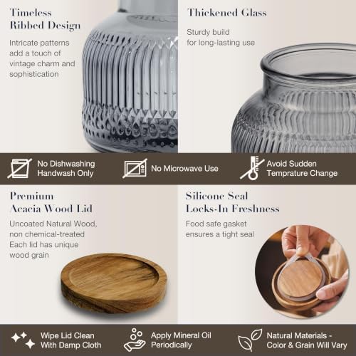Decorative Grey Ribbed Glass Jar with Airtight Wooden Lid, 25.4 fl. oz | Wide mouth vintage storage canister, kitchen pantry bathroom organization, coffee sugar tea cookie candy candle vase gift