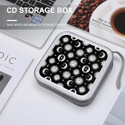 Protective DVD Case Holder Black And White Crescent Moon Sun And Moon, 40-Capacity Hard Plastic Binder with Zipper, Portable CD Organizer for Car Home