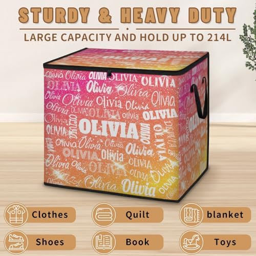 Custom Name Comforter Storage Bin with Lid, Personalized XL Storage Basket with Handles Zippers for Organizing Blankets, Bedding Closet Shelf Baskets, Orange Pink Yellow Glittering Stars