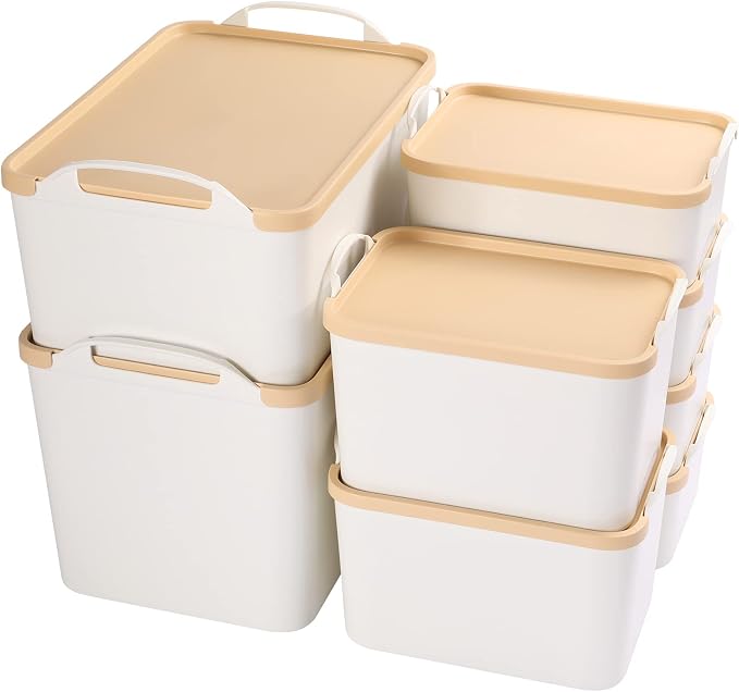 ANMINY White Plastic Storage Bins Baskets with Lids, 8-Pack, 1XL+1L+2M+4S | Large Plastic Bins, Sturdy PET, with Handles, Stackable, Opaque Storage Boxes, for Closet Shelves Desk, Wheat Lids