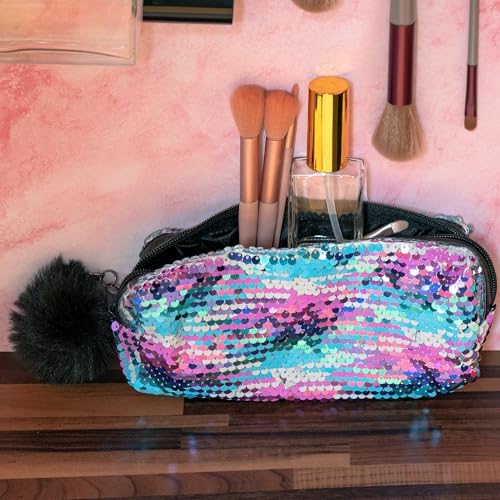 2Pcs Sequin Makeup Bags, Magic Cosmetic Bag, Iridescent Makeup Bag, Portable Pouch Travel Cosmetic Organizer, for Women Party Holiday Gifts (Gradient Multicolor)