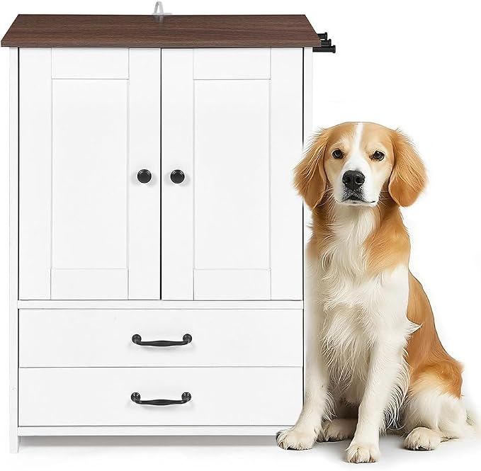 Dog Food Storage Cabinet, Modern Dog Feeding Station with 2 Adjustable Dog Bowls,Hidden Pet Feeder Station Wood, Dog & Cat Storage Organizer, for Feeding & Watering Supplies, White