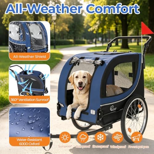 2-in-1 Pet Bike Trailer & Dog Stroller for Ebikes, Heavy-Duty Foldable | Heavy-duty powder-coated steel frame supports up to 100 lbs. 600D Oxford fabric is tear-resistant and sun-protective. Co