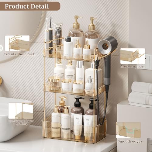 YCIA&DONE Luxury Bathroom Counter Organizer, Large Makeup Organizer Countertop, Shelf Organizer, Vanity Tray, Easily Assemble for Bathroom Organizers and Storage, Undersink, Cabinet,3 Tiers Amber