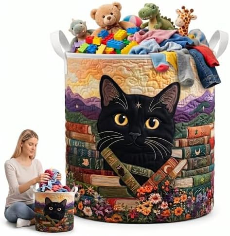 Quilted Cat Clothes Hamper Decorative Canvas Laundry Basket Round Bookshelf Toy Bin Novelty Closet Organizer for Book Lovers Gift(16" x 22")