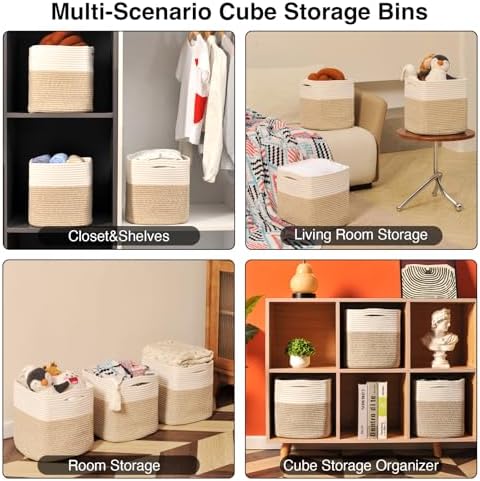 ICERZCZ 11 Inch Cube Storage Bins, Organizer Woven Cotton Rope Square Baskets for Organizing Shelves, Toys, Nursery, Off White & Brown (Pack of 3)