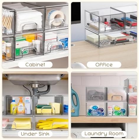 Criusia Stackable Storage Drawers, 3 Pack Clear Acrylic Makeup & Bathroom Organizer, Versatile Storage Bins for Vanity, Under Sink, Kitchen Cabinets & Pantry