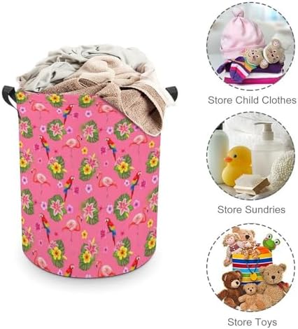 Waterproof Collapsible Hamper Flamingos Flower Parrot Palm Pink Summer Holiday, Large Capacity Laundry Basket with Handles for Clothing, Toy, and Home Organization