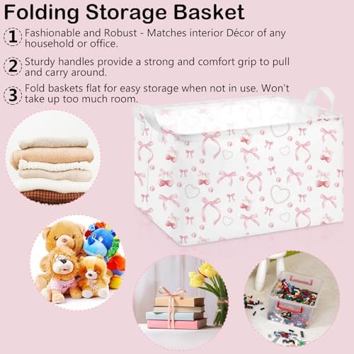 Chunful 4 Pcs Coqutte Pink Bow Storage Baskets Cute Preppy Pink Hamper Storage Bins Foldable Laundry Baskets with Handle Collapsible Organizer for Home Bathroom, Offices, Bedrooms