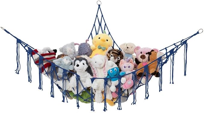 Stuffed Animal Storage Macrame Hammock, Large - Boho Room Decor Toy Storage - Corner Hanging Plushie Stuffed Animal Net Organizer (Dark Blue)