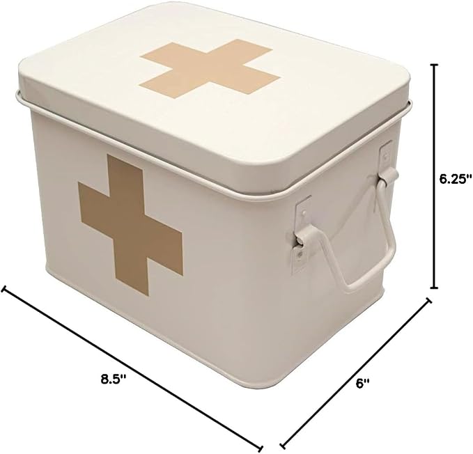 Lassos Boutique Retro Enameled First Aid Box for Medicine Storage and Home Decor with Lid and Removable Tray