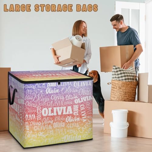 Custom Comforters Storage Basket with Lid, Personalized Name Large Organizer Bin for Pet/Children Toys, Books, Clothes, Perfect for Rooms/Playroom, Gradient Colorful Purple Yellow Red Glittery