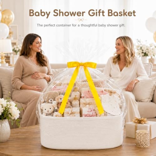 OIASKET Large Empty Cotton Rope Gift Basket with Handles, 18.9"x13.8"x7.8" Decorative Woven Storage Basket with Gift Bag and Ribbon Set for Baby Shower, Toy Organizer for Kids, Dogs & Cats - White