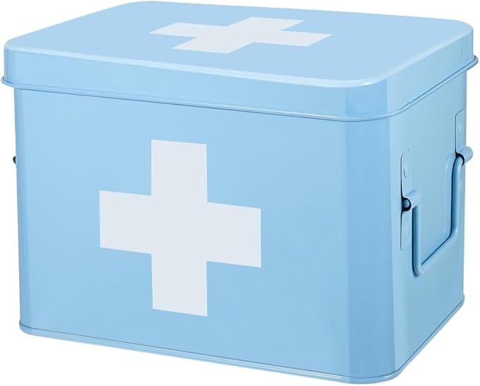 Flexzion Large Metal First Aid Box Empty, 8.5-Inch, Blue with White Cross | Vintage Medicine Box and First Aid Storage Organizer with Removable Tray and Dividers; Empty Box Only, Supplies Not Included