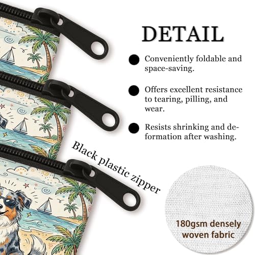 Cute Australian Shepherd Dog Makeup Bag, Coastal Beach Shells Cosmetic Travel Pouch for Women Girls, Pet Portable Small Canvas Zipper Organizer 7x9 Inch