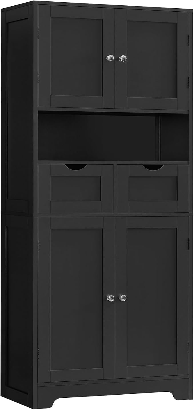 TEENFON 57.8" H Tall Storage Cabinet with 2 Drawers & 2 Adjustable Shelves, Floor Cabinet with 4 Doors, Tall Cabinet for Living Room, Dining Room, Entryway, Black