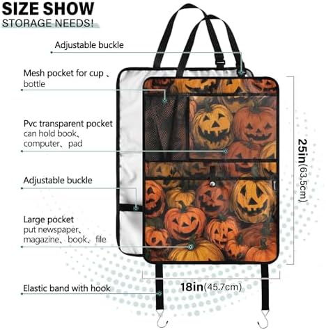 2 Pack Back Seat Car Organizer with Storage Pockets Kick Mats Back Seat Protector Hanging Car Organizer Automotive Seat Back Cover Organizers Cartoon Orange Halloween Pumpkin Lanterns