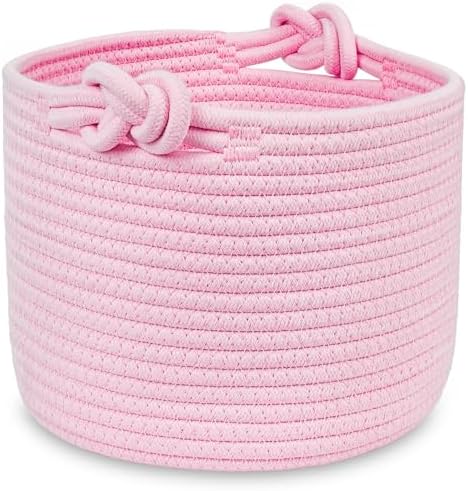 ABenkle Small Woven Basket, Cotton Rope Shelf Storage Basket, Small Round Basket, Cute Basket, Decorative Round Bin for Nursery Bedroom Bathroom, 9.4" x 9.4"x 7.1" Empty Gift Basket- Pink
